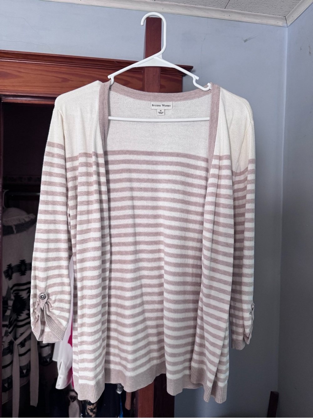 Studio Works Cream and Blush Striped Open-Front Cardigan